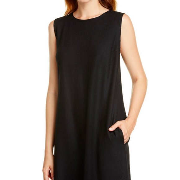 EILEEN FISHER BLACK SLEEVELESS BOILED WOOL LANTERN MIDI DRESS - Picture 6 of 8